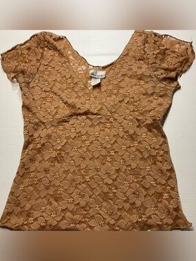 Von Mozart Gold Stretch Lace Top Women Sz L Faux Wrap Sheer USA Made Y2K